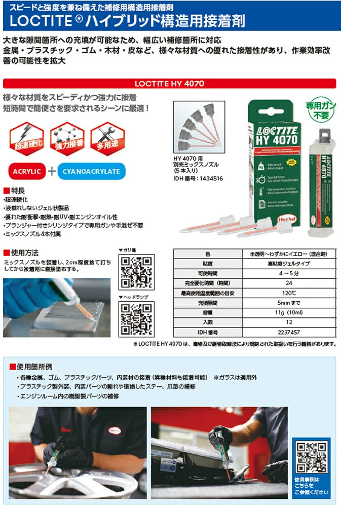 LOCTITE HY4070 ハイブリッド構造用接着剤 補修用構造用接着剤 高粘度ジェル 超速硬化強力接着 専用ガン不要 11g