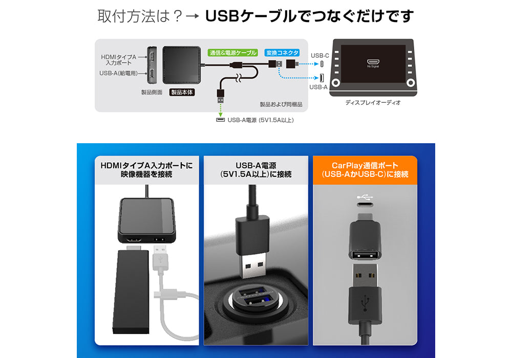 カシムラ KD-256 USB変換アダプタ CarPlay対応のディスプレイオーディオで走行中にHDMI入力映像が観れる