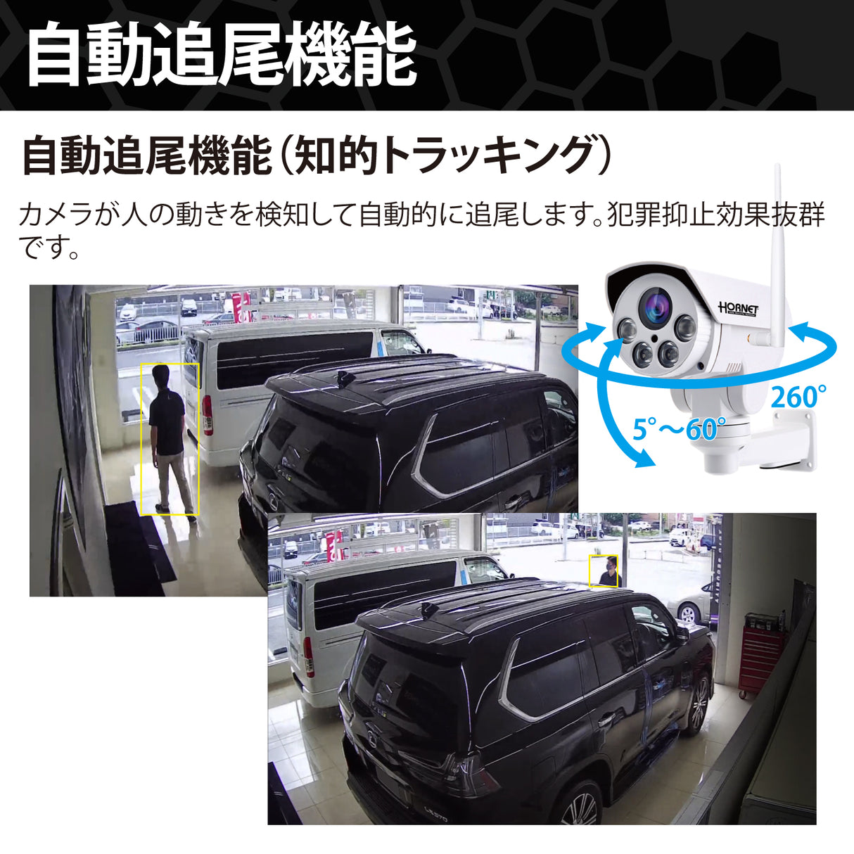 HORNET 加藤電機 バレット型カメラ(500万画素) AI防犯カメラ 動体自動検知 自動追尾 9倍ズーム HC220DH