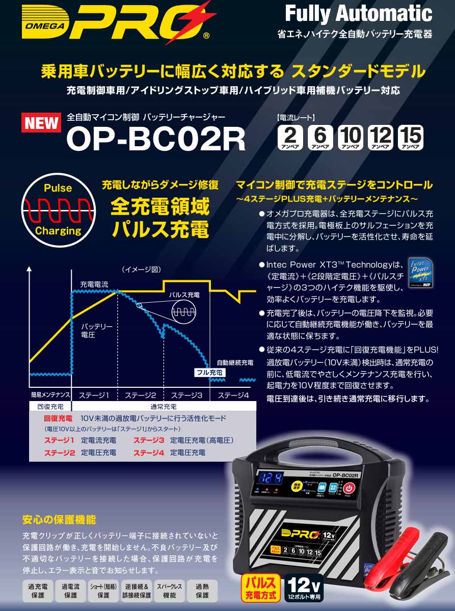 オメガプロ バッテリー充電器 乗用車バッテリーに幅広く対応 12V専用 OP-BC02R