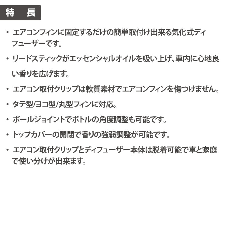 ペルシード リードディフューザー クリップタイプ 縦/横/丸型のエアコンフィンに対応 WPA-D03