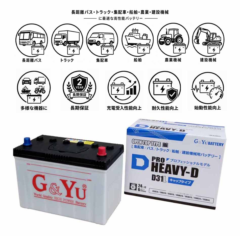 G&Yu PRO HEAVY-D 建機・バス・トラック・船舶用バッテリー HD-D31L キャップタイプ