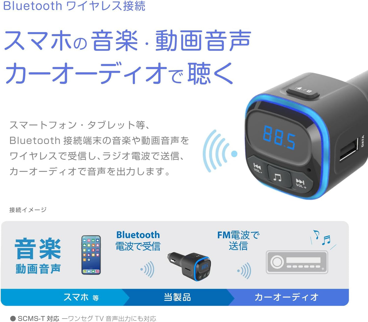 カシムラ スマホの音楽をワイヤレスで聴く Bluetooth FMトランスミッター フルバンド PD36W＋QC3.0 18W KD-271