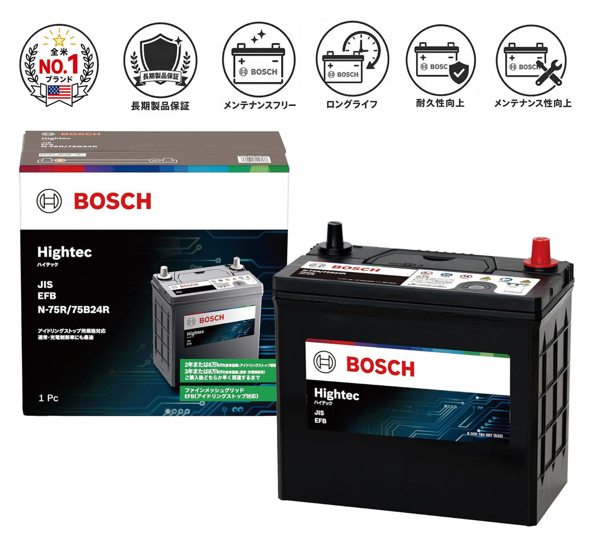 BOSCH (ボッシュ) 国産車バッテリー HT-N75R/75B24R Hightec JIS EFB アイドリングストップ車・充電制御車・標準車対応 (HTP-N-55R/80B24Rからリニューアル)