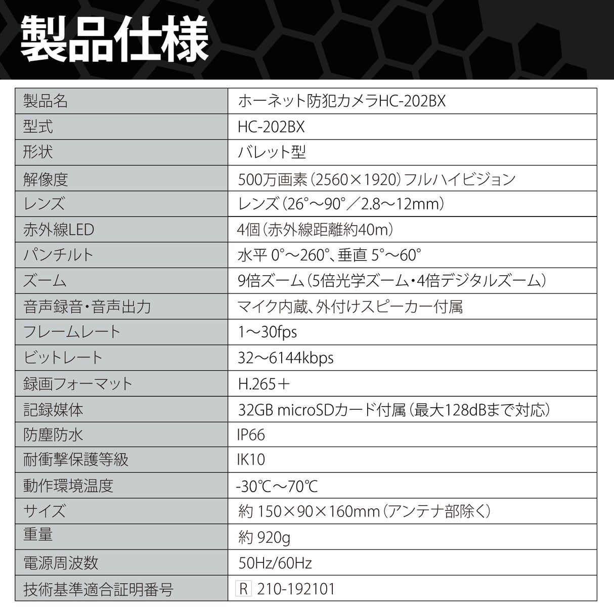 HORNET 加藤電機 バレット型カメラ（500万画素） AI防犯カメラ 動体自動検知 自動追尾 9倍ズーム HC220DH