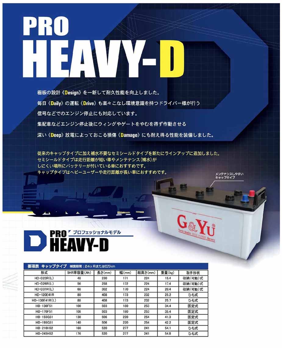 G&Yu PRO HEAVY-D 建機・バス・トラック・船舶用バッテリー HD-130F51 キャップタイプ