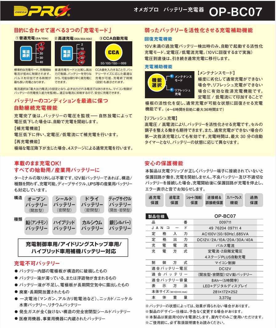 オメガプロ バッテリー充電器 フラッグシップモデル 40A出力対応 OP-BC07