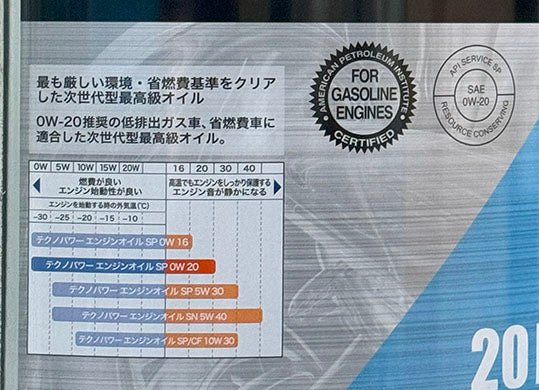 テクノパワー　エンジンオイル　全合成油　SP　0W-20　20L